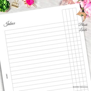 May include: A printable planner page with the word "Inbox" at the top. The page is divided into two sections, one for writing and one for blank labels.