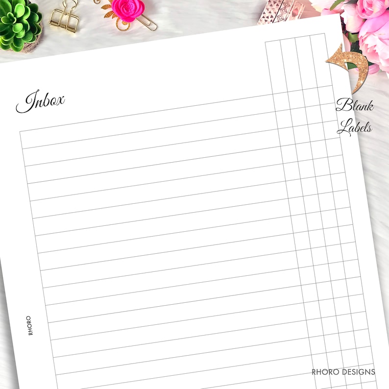 May include: A printable planner page with the word "Inbox" at the top. The page is divided into two sections, one for writing and one for blank labels.