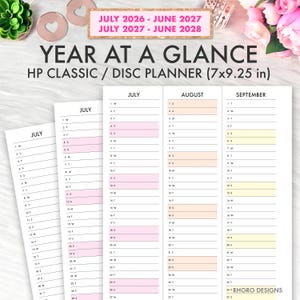 May include: A year-at-a-glance planner, covering July 2026 to June 2028. The HP Classic/Disc Planner measures 17.78 x 23.5 cm. The calendar features a white background with pink, yellow, and peach color-coded sections for each month.