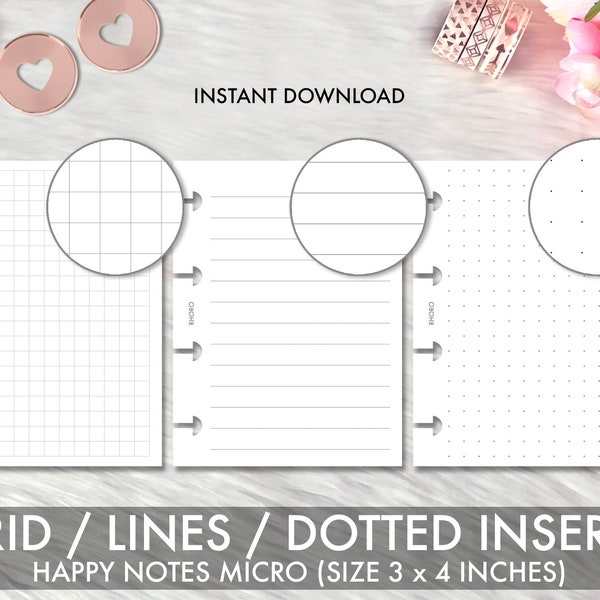 Micro Happy Planner Notes Inserts Grid Lines Dot Dotted Set, Printable Micro Happy Notes Insert, Grid Dotted Line Set Printable Insert