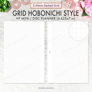 May include: A printable planner page with a grid pattern. The page is designed for a Happy Planner Mini or Disc Planner and measures 11.75 cm by 17.78 cm. The grid has 3.55 mm spacing and is labelled "GRID HOBONICHI STYLE".