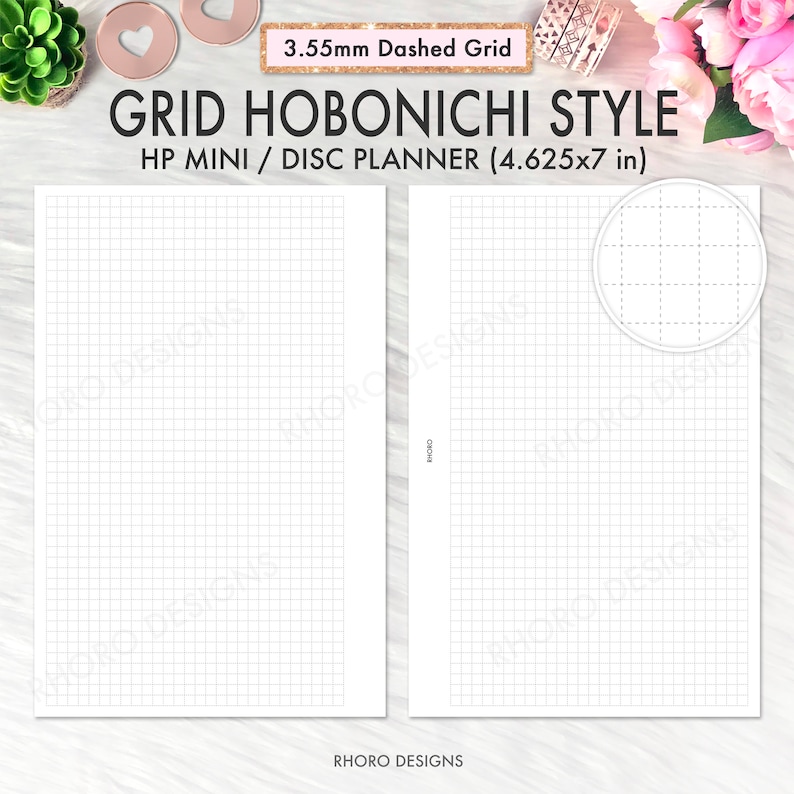 May include: A printable planner page with a grid pattern. The page is designed for a Happy Planner Mini or Disc Planner and measures 11.75 cm by 17.78 cm. The grid has 3.55 mm spacing and is labelled "GRID HOBONICHI STYLE".