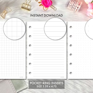 Pocket Ring Size Printable Insert Grid, Lines, Dotted Grid Set, Printable Pocket Ring Planner Insert, Filofax Pocket Foxy Fix Pocket Insert
