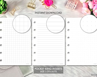 Pocket Ring Size Printable Insert Grid, Lines, Dotted Grid Set, Printable Pocket Ring Planner Insert, Filofax Pocket Foxy Fix Pocket Insert
