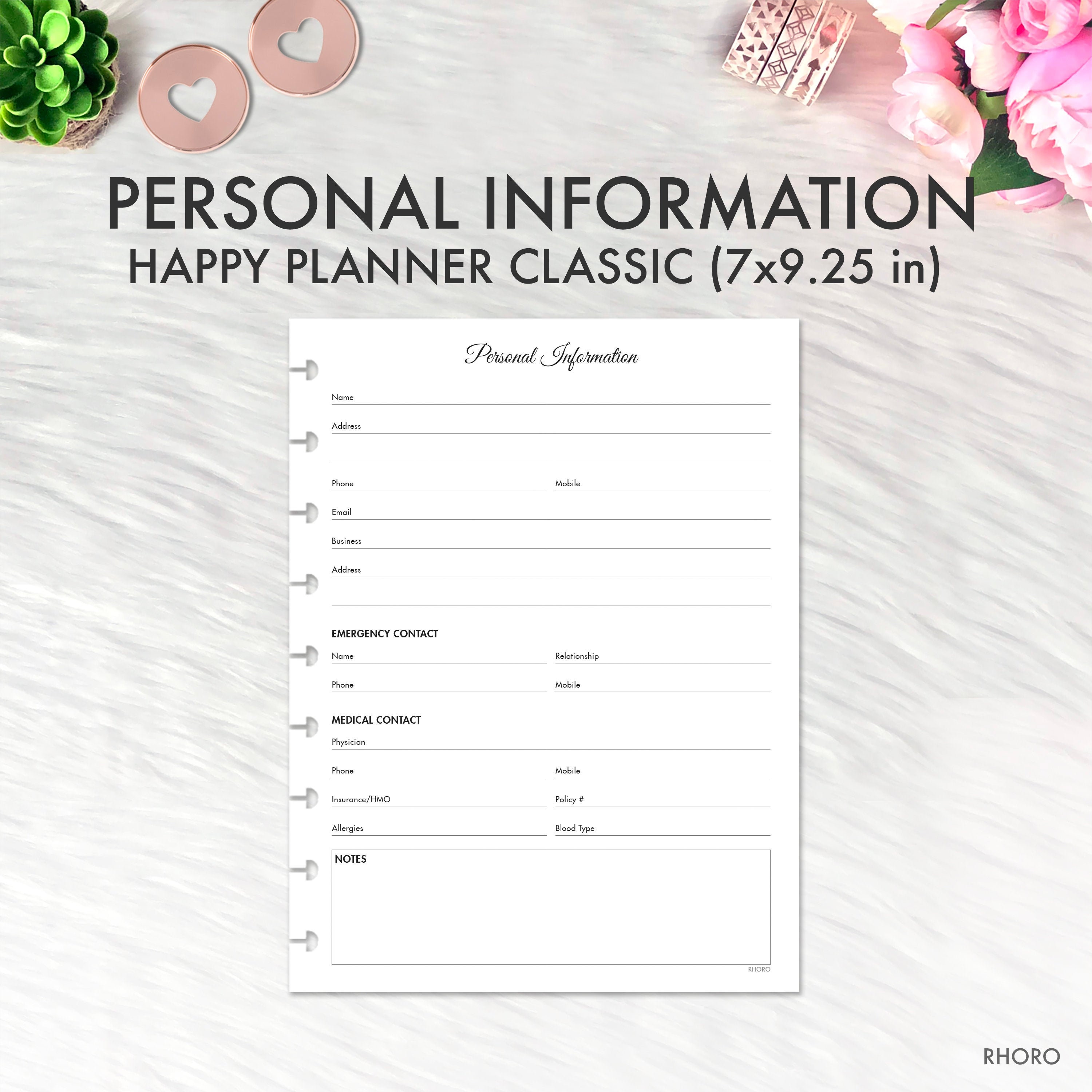 Happy Planner Classic Personal Information Printable Insert - Etsy.de