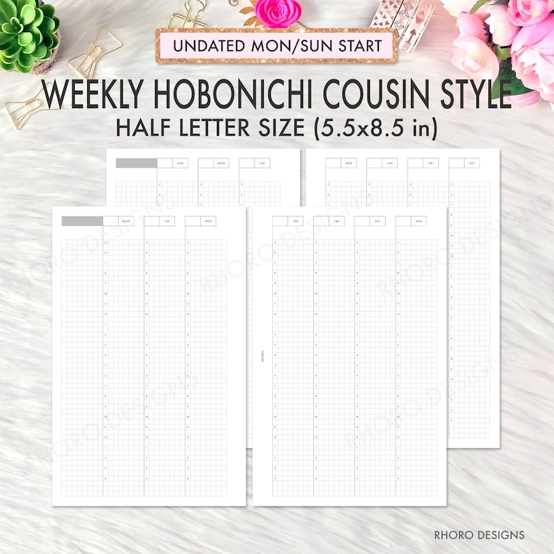 Op de afbeelding: Afdrukbare wekelijkse plannerpagina's in een cousin-stijl, niet gedateerd, met een maandagstart en een zondagseinde. De pagina's zijn ontworpen voor gebruik met een planner in half letter formaat, met een afmeting van 14 bij 21,5 cm.