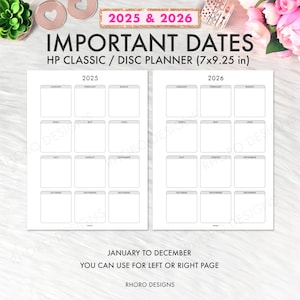 Classic Happy Planner Inserts, Happy Planner Inserts Printable, Important Dates 2025 & 2026, Mambi Classic, Happy Planner Printable Inserts