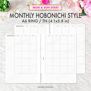 A6 Monthly Printable Undated, A6 Monthly Planner, A6 Monthly Calendar, A6 Planner Inserts Printable, Hobonichi Style Grid, A6 PDF MO2P