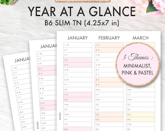 B6 Slim Printable Inserts, B6 Slim Inserts, B6 Slim Printable, B6 Slim 2025 2026 Year At A Glance Travelers Notebook B6 Slim PDF Download