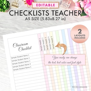 Puede incluir: Lista de verificación para profesores en tamaño A5 con el texto "EDITABLE CHECKLISTS TEACHER" y "Classroom Checklist". La lista incluye espacio para nombres de estudiantes y encabezados. El tamaño es de 14,8 x 21 cm. El diseño incluye colores pastel.