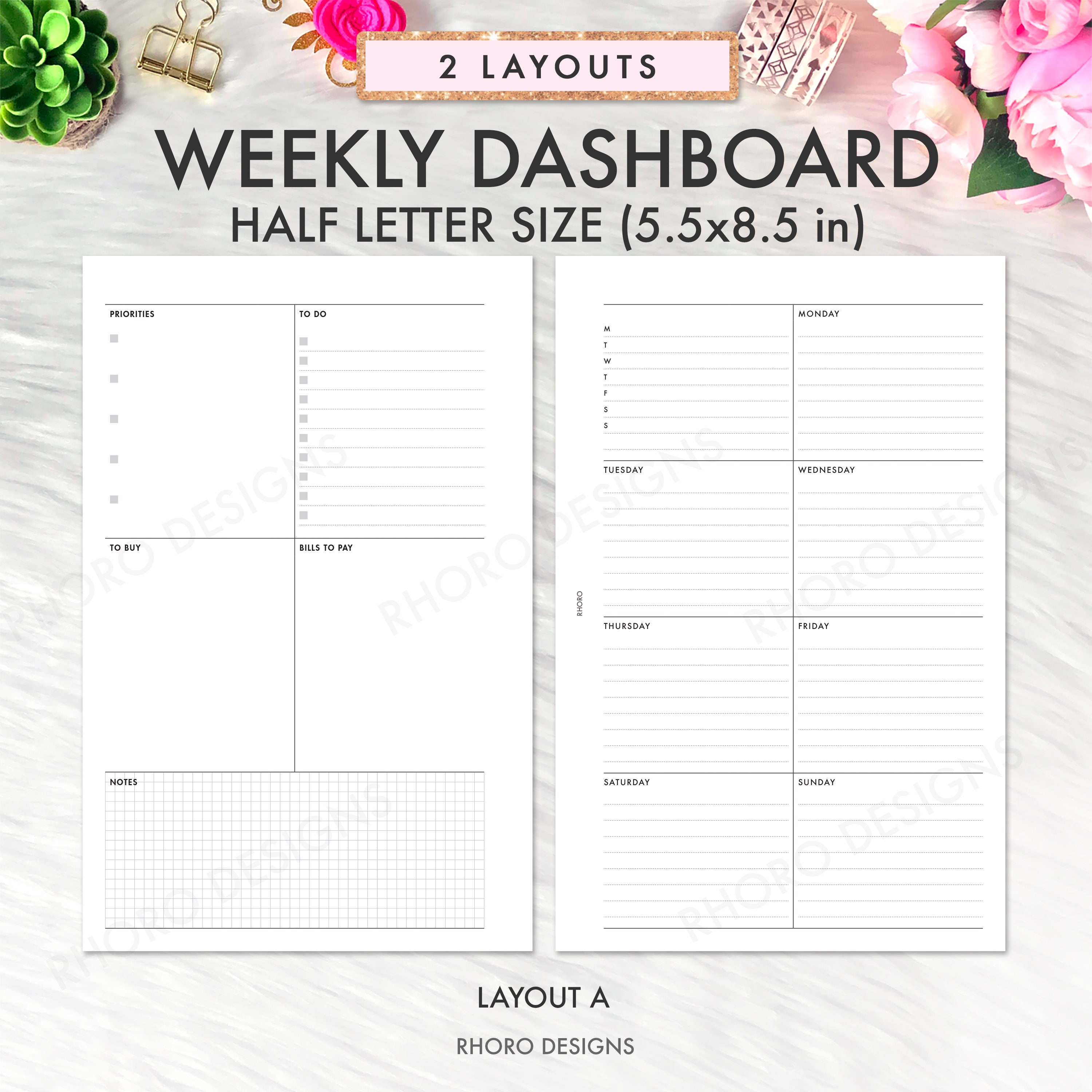 Half Letter Planner Inserts Printable, Weekly Dashboard Insert, Half ...