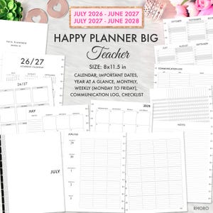 Peut inclure: Un agenda Happy Planner Big Teacher mesurant 20,32x29,21 cm, avec du texte noir sur des pages blanches. Il comprend un calendrier 2026-2028, des pages pour l'année scolaire, des mises en page mensuelles et hebdomadaires, un journal et une liste.