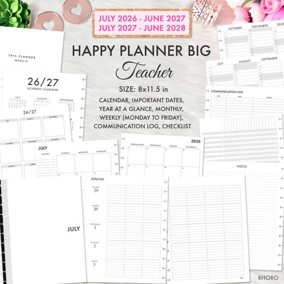 Happy Planner Printable, Teacher Planner 2026 2027 Digital, Big Happy Planner Template, Calendar, Happy Planner Big Teacher Printable PDF