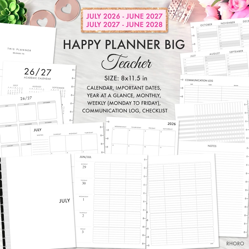 May include: A Happy Planner Big Teacher planner measuring 8x11.5 inches, featuring black text on white pages. Includes a 2026-2028 calendar, academic year pages, monthly and weekly layouts, a communication log, and a checklist for school organization.
