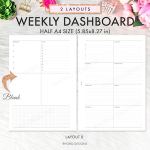 May include: A printable weekly planner template in two layouts. The first layout has a section for priorities, to-do list, and a blank grid. The second layout has a daily planner with sections for Monday through Sunday. The planner is designed for half A4 size, measuring 5.85 by 8.27 inches.