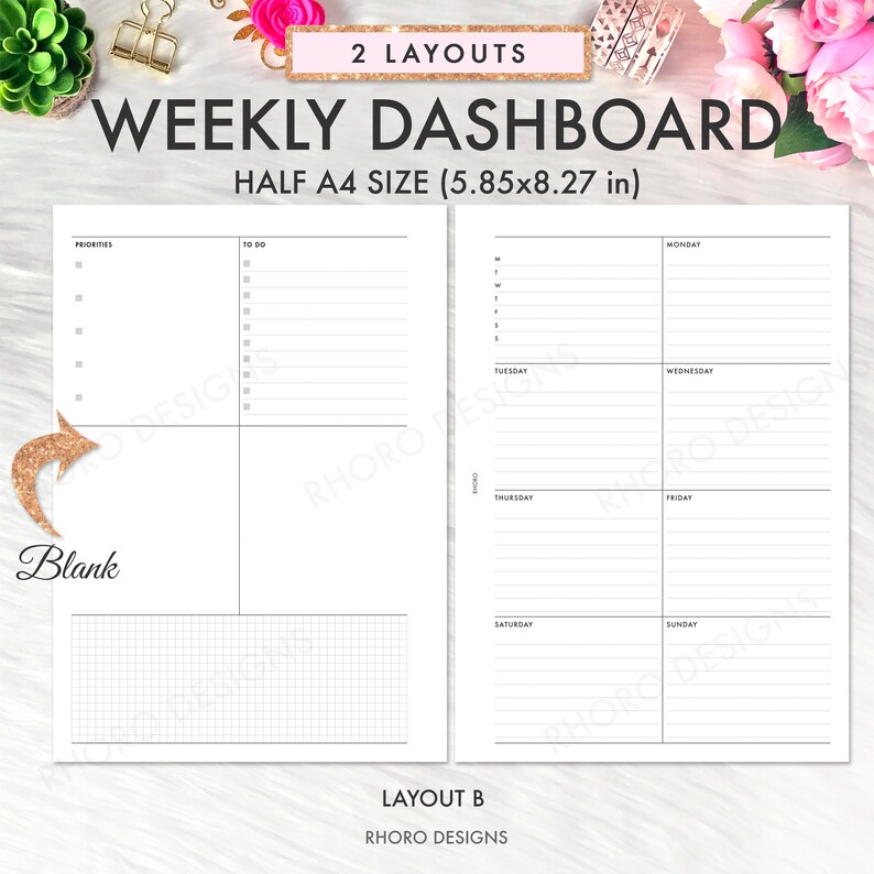 May include: A printable weekly planner template in two layouts. The first layout has a section for priorities, to-do list, and a blank grid. The second layout has a daily planner with sections for Monday through Sunday. The planner is designed for half A4 size, measuring 5.85 by 8.27 inches.