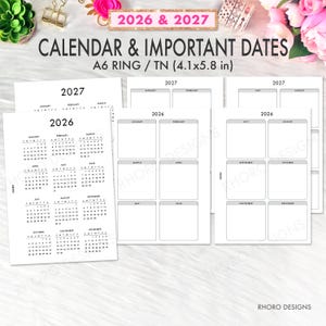 Op de afbeelding: A6 ring/TN kalenderinvoegtoepassingen voor 2026 en 2027. De kalenderpagina's zijn wit met zwarte tekst, inclusief maand- en jaaroverzichten. De kalender meet 10,4 x 14,7 cm. De tekst "CALENDAR & IMPORTANT DATES" staat bovenaan.