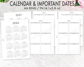 May include: A6 ring/TN calendar inserts for 2026 and 2027. The calendar pages are white with black text, including monthly and yearly views. The calendar measures 4.1 x 5.8 inches. The text "CALENDAR & IMPORTANT DATES" is at the top.