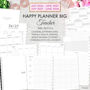 Può includere: Un'agenda Happy Planner Big Teacher di 20,32x29,21 cm, con testo nero su pagine bianche. Include un calendario 2026-2028, pagine per l'anno accademico, layout mensili e settimanali, un registro di comunicazione e una lista di controllo.