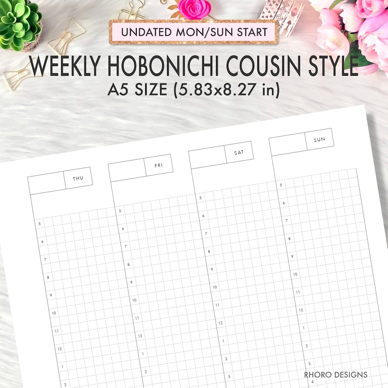 May include: A printable weekly planner in A5 size (5.83x8.27 inches) with a grid layout. The planner is undated and starts on Monday and ends on Sunday. The days of the week are labeled at the top of each column: Thu, Fri, Sat, Sun.