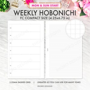 Puede incluir: Un inserto de planificador semanal Hobonichi en tamaño compacto FC de 10,8x17,15 cm. La página izquierda presenta un diseño semanal sin fecha de lunes a domingo, mientras que la página derecha muestra una cuadrícula discontinua de 3,55 mm.