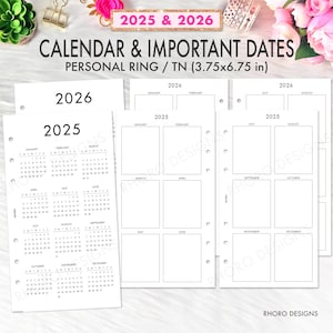 PERSONAL RING INSERT Printable 2025 2026 Calendar Date, Year At A Glance Personal Planner Printable Filofax Personal Inserts Refill Pdf