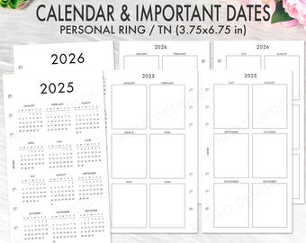 PERSONAL RING INSERT Printable 2025 2026 Calendar Date, Year At A Glance Personal Planner Printable Filofax Personal Inserts Refill Pdf