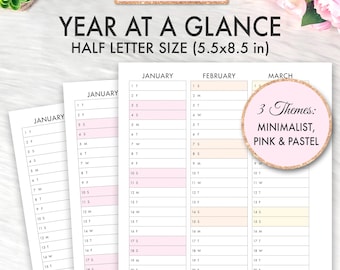 May include: A Year at a Glance planner for 2026 and 2027, half letter size (5.5x8.5 in). The planner features a minimalist, pink, and pastel theme. The calendar includes the months of January, February, and March.