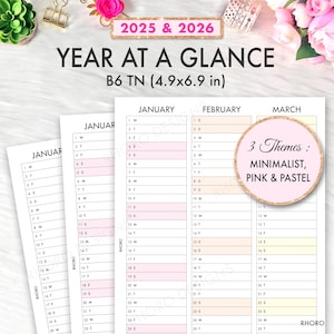 B6 Planner Inserts Printable, B6 Inserts, B6 Printable, B6 2025 2026 Year At A Glance Travelers Notebook, B6 Calendar Dates PDF Download