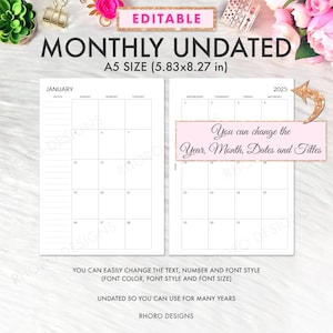 EDITABLE A5 Planner Inserts Printable, A5 Monthly Inserts, A5 Monthly Printable, A5 Monthly Planner Inserts, Filofax A5, Kikki K Large
