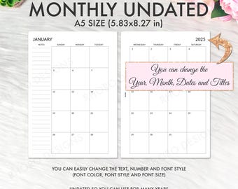EDITABLE A5 Planner Inserts Printable, A5 Monthly Inserts, A5 Monthly Printable, A5 Monthly Planner Inserts, Filofax A5, Kikki K Large