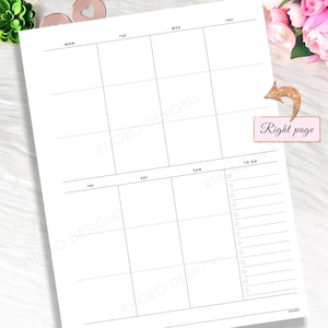 May include: A white planner page with a weekly calendar layout and a to-do list. The days of the week are labeled across the top and bottom. The words "Right page" are written on a pink label with a gold arrow.