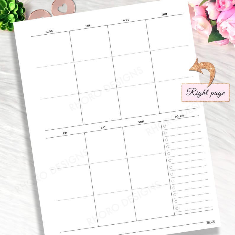 May include: A white planner page with a weekly calendar layout and a to-do list. The days of the week are labeled across the top and bottom. The words "Right page" are written on a pink label with a gold arrow.