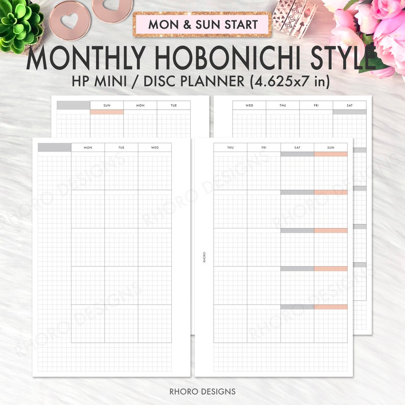 May include: A printable monthly planner template in the Hobonichi style for a HP Mini / Disc Planner. The template is designed for a planner that is 4.625 inches by 7 inches. The planner has a grid layout with days of the week labelled. The template is designed to start the week on Monday and end on Sunday.
