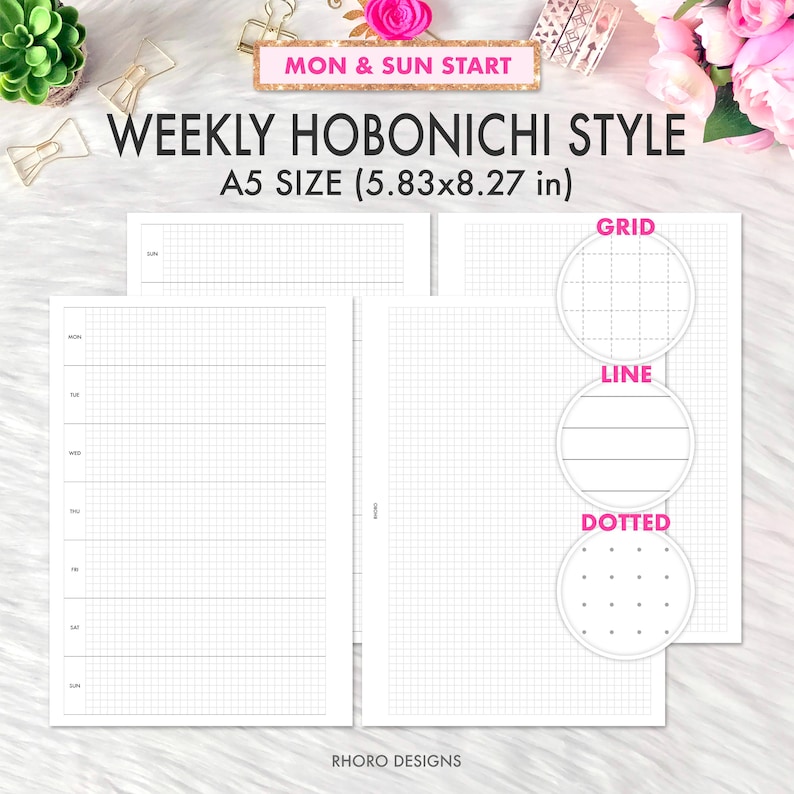 A5 Weekly Planner Inserts Printable, Dashed Grid Line Dotted A5 Weekly ...