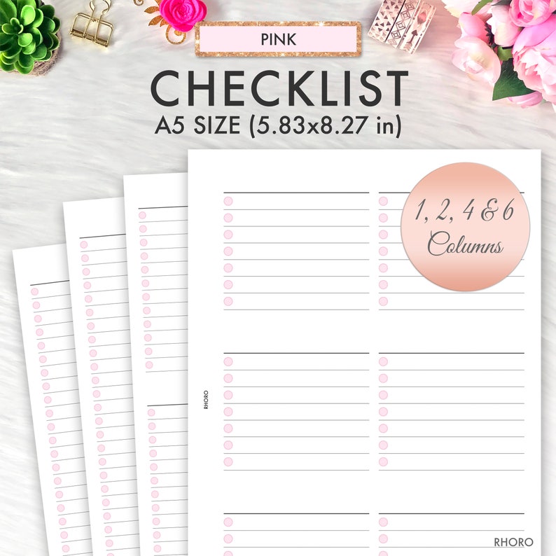 Pu&ograve; includere: Lista di controllo stampabile rosa con 1, 2, 4 e 6 colonne. Formato A5 (14,8 cm x 21 cm).