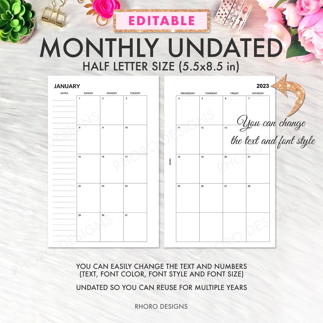 EDITABLE Half Page Calendar 2023, Half Page Planner Inserts, Monthly ...