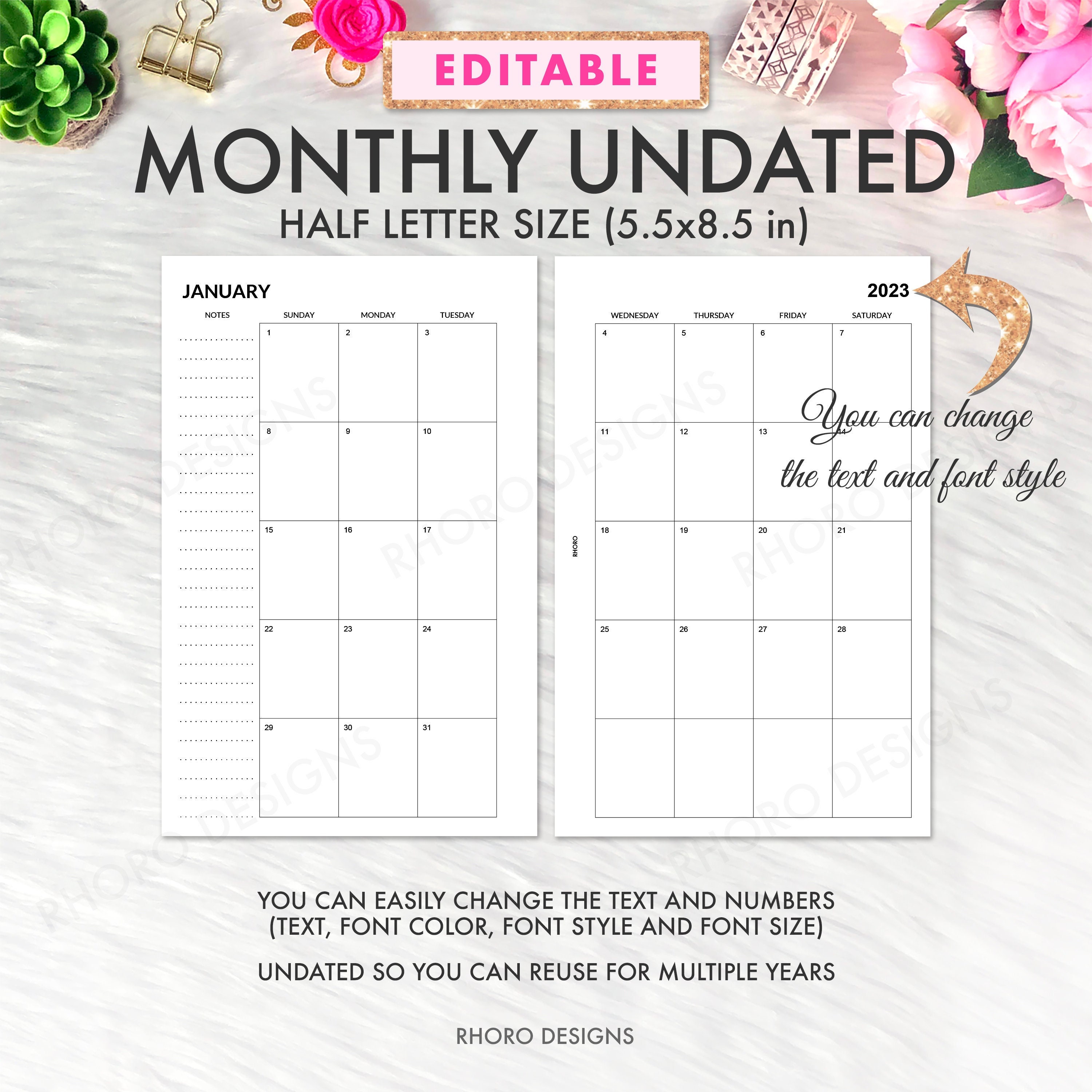 EDITABLE Half Page Calendar 2023 Half Page Planner Inserts - Etsy