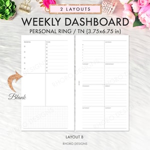 May include: A printable weekly dashboard planner for personal ring or traveller's notebook systems. The planner is 9.5 cm by 17.1 cm and features a blank space, a gridded section, and a weekly calendar with spaces for priorities, to-do lists, and daily notes.