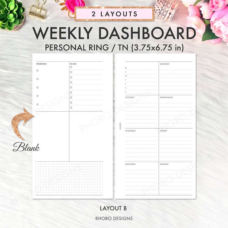 May include: A printable weekly dashboard planner for personal ring or traveller's notebook systems. The planner is 9.5 cm by 17.1 cm and features a blank space, a gridded section, and a weekly calendar with spaces for priorities, to-do lists, and daily notes.