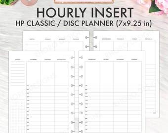 May include: White hourly insert for HP Classic/Disc Planner, measuring 7x9.25 inches. The insert features a layout with daily schedules, notes sections, and a weekly overview. The text "MON & SUN START" and "HOURLY INSERT" are visible.