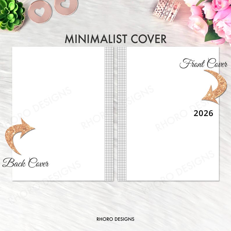 May include: A minimalist white notebook cover design with the text "MINIMALIST COVER". The front and back covers are indicated with gold glitter arrows. The spine features a gray grid pattern. The year "2026" is printed on the front cover. The brand name "RHORO DESIGNS" is at the bottom.
