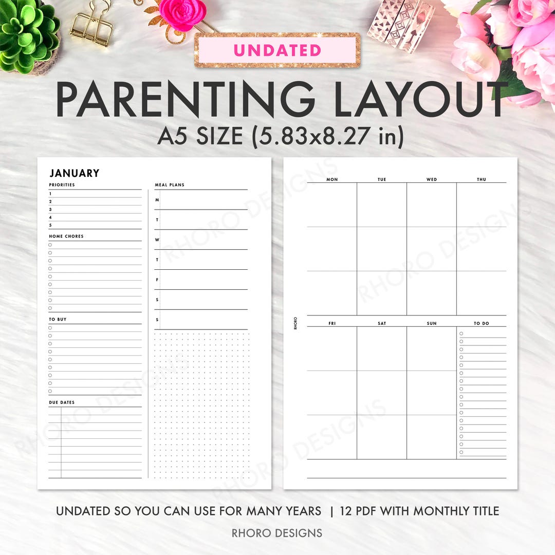 A5 Planner Inserts Printable, Weekly Parenting Insert, A5 Week on Two ...