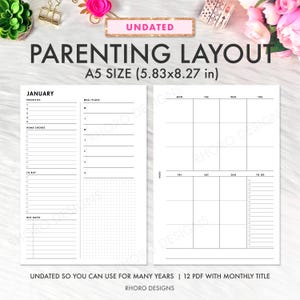 May include: A5 size undated parenting layout planner with a white background. The planner includes sections for priorities, home chores, to-buy lists, due dates, meal plans, and a weekly calendar. The text "UNDATED" is at the top.
