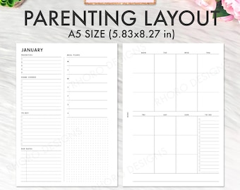 A5 Planner Inserts Printable, Weekly Parenting Insert, A5 Week On Two Pages Printable Inserts, Filofax Week at a Glance WO2P PDF Download
