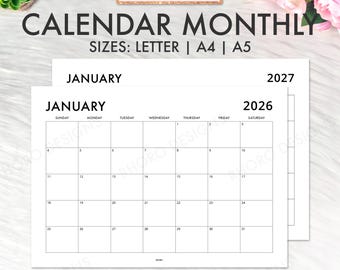 2026 2027 Calendar Printable, Letter A4 A5, Yearly Calendar, Monthly Calendar Planner, Binder Planner Insert, PDF Template Instant Download
