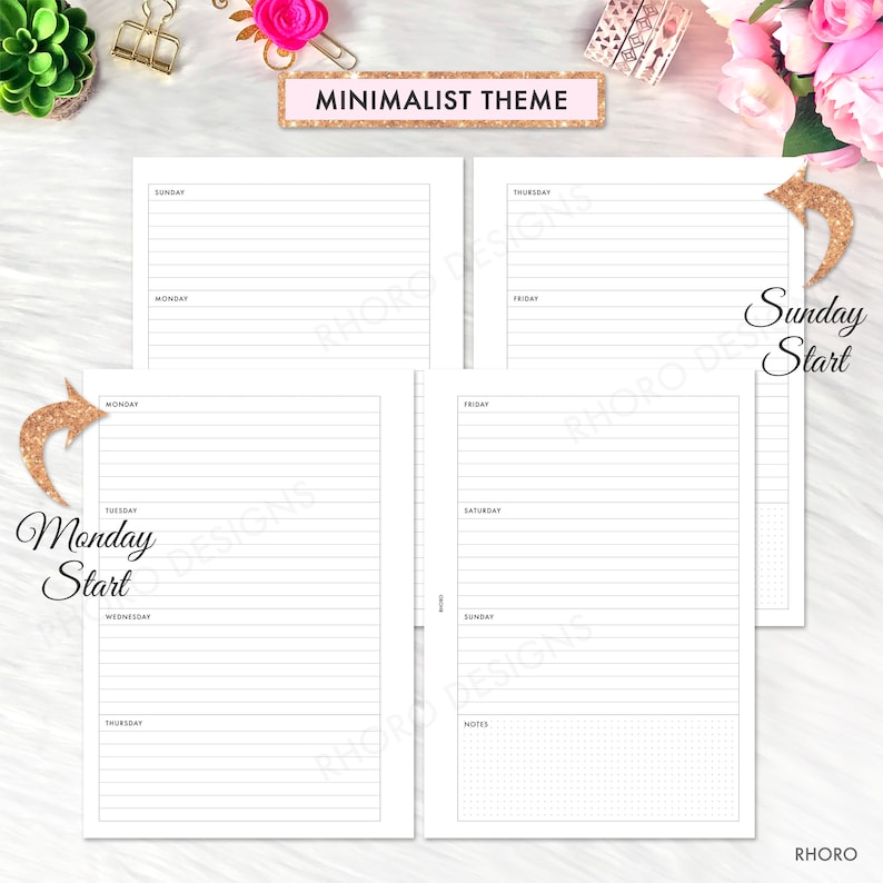 May include: A printable planner page with a minimalist theme. The page is divided into two columns, one for each week. The left column has the days Monday through Thursday, and the right column has the days Friday through Sunday. The page also includes a notes section. The text "Monday Start" and "Sunday Start" is included on the page.