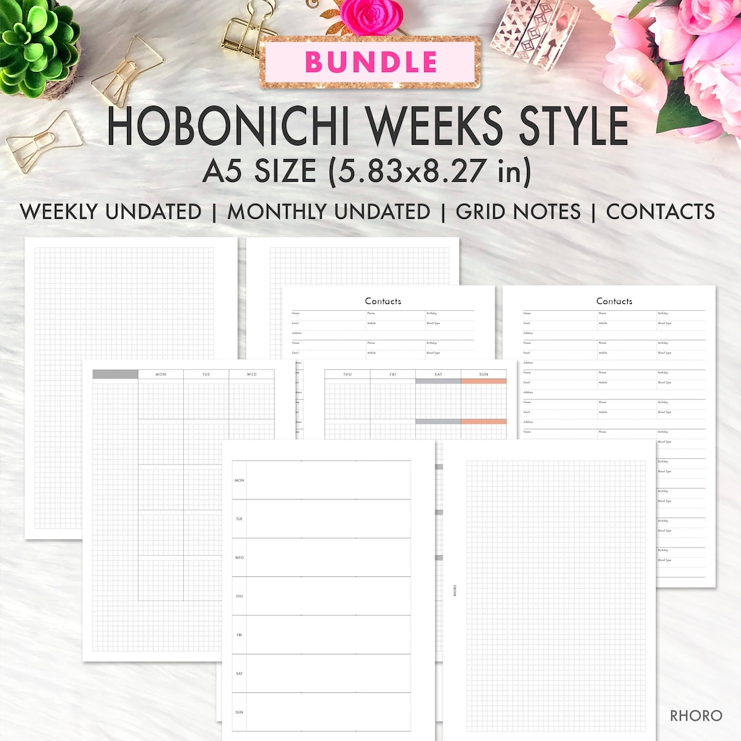 A5 Planner Inserts Printable, Hobonichi Style Bundle, Monthly Weekly ...