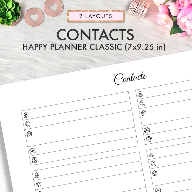 Op de afbeelding: Printbare contactenlijst voor Happy Planner Classic formaat, 17,8 cm bij 23,5 cm. De printbare heeft twee lay-outs met pictogrammen voor naam, telefoon, adres, e-mail en notities.