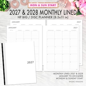 Puede incluir: Una agenda mensual rayada HP Big de discos para 2027 y 2028 que mide 21,59 por 27,94 cm. Las páginas de papel blanco presentan texto negro, diseños de cuadrícula y encabezados para los días. La portada muestra el año 2027.